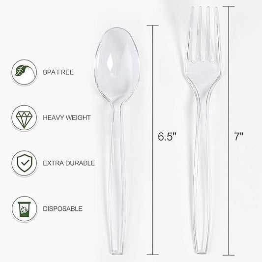 [400 Count] Clear Plastic Forks and Spoons Set Bulk - Heavy Duty Disposable Spoons and Forks Silverware, Plastic Utensils Cutlery Set for Party