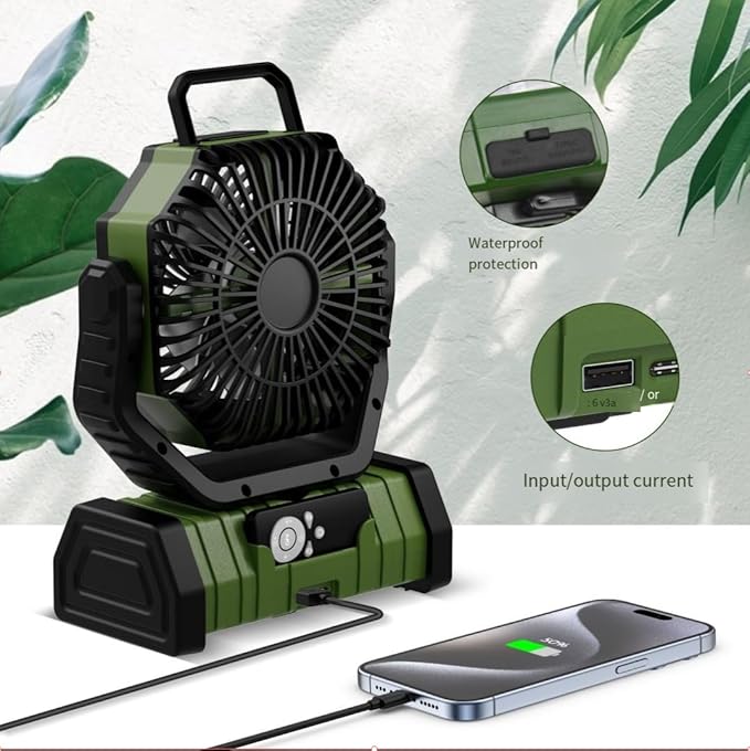 20000mAh Portable Camping Fan Rechargeable with LED Light, Hook, Battery Powered, 4-Speeds, Timer, Remote Control, USB for Travel, Tent, Room, Car, Picnic, Bed, Emergency, Fishing, BBQ - Green