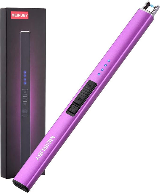 MEIRUBY Lighter Electric Candle Lighter Long Electronic Rechargeable USB Lighter Arc Windproof Flameless Lighters for Candle Camping BBQ Birthday Women's Day Gifts for Women Mom Wife Men, Purple