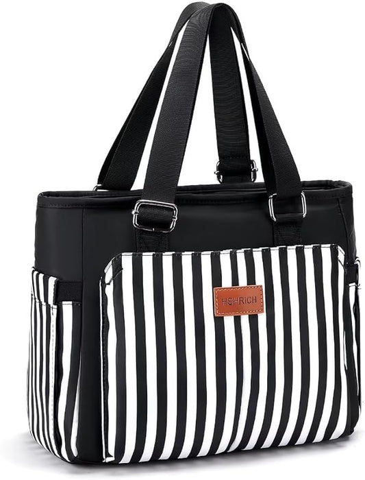 Large Women Lunch Bags for Work/Insulated Adult Lunch Box for Women/Leakproof Cooler Lunch Tote Bag with Storage Pocket. Reusable Lunch Cooler Purse for Work Picnic Hiking 14L, Black Stripes