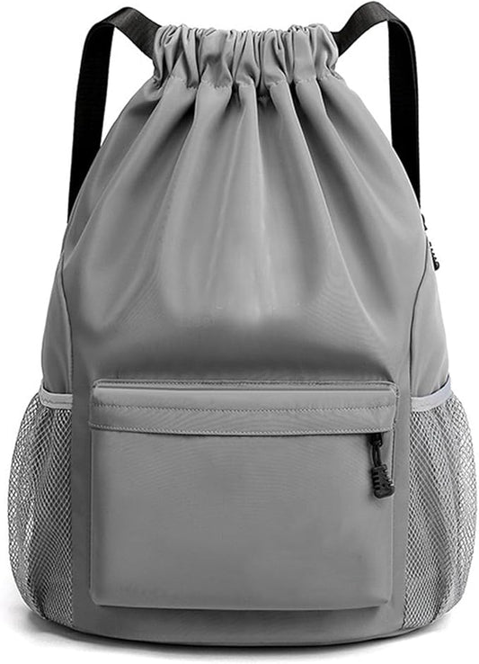 Sports Drawstring Backpack String Swimming Gym Bag Backpack with Shoes Compartment and Pocket for Men Women (grey)