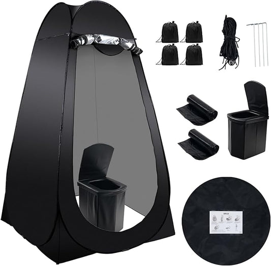 Portable Camping Toilet Kit for Adults, Pop up Privacy Tent, X Large Folding Toilet Potty with Camping Tent, Outdoor Instant Shower Tent Camp Toilet Changing Dressing Room (Black)