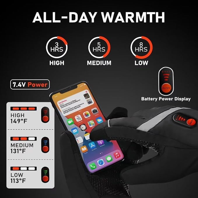 EAY Heated Gloves for Men Women with Rechargeable 7.4V 3000mAh Battery, Touch Screen Waterproof Heated Motorcycle Gloves, Winter Warm Electric Gloves for Ski Work Snowboarding Hunting Hiking Camping