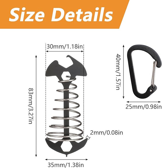 Morobor Black Deck Anchor Pegs, 8 PCS Multifunctional Windproof Aluminium Alloy Fish Bone Tent Stakes with Spring Buckle Portable Wind Rope Anchor Bottle Opener Nut Drill Screwdriver for Outdoor