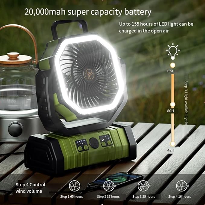 20000mAh Portable Camping Fan Rechargeable with LED Light, Hook, Battery Powered, 4-Speeds, Timer, Remote Control, USB for Travel, Tent, Room, Car, Picnic, Bed, Emergency, Fishing, BBQ - Green