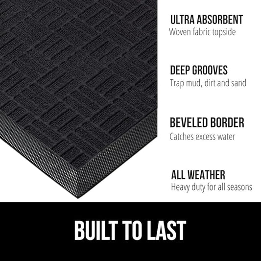 GORILLA GRIP 100% Waterproof All-Season WeatherMax Doormat, 23x35, Durable Natural Rubber, Stain and Fade Resistant, Low Profile, Indoor Outdoor Door Mats, Easy Clean Patio Entrance Mat, Midnight Maze
