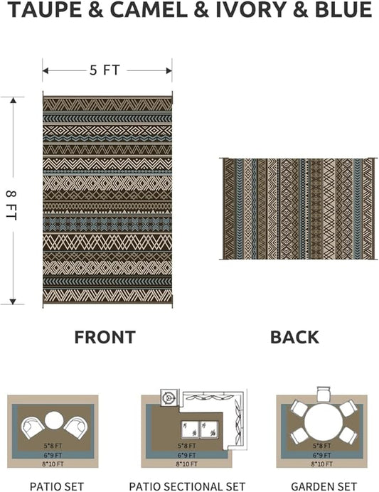 MontVoo Outdoor Rug Carpet Waterproof-Patio Rug Mat 5x8 Reversible RV Camping Rug Picnic Mat Plastic Straw Outside Rug for Balcony Porch Deck Beach-Boho Outdoor Area Rug for Patio Decor Colorful