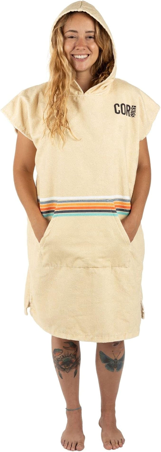 COR Surf Poncho Changing Towel Robe with Hood and Front Pocket | Thick Quick Dry Microfiber Wetsuit Poncho Towel for Surfing Beach Pool Swim (Medium - Retro Sand)