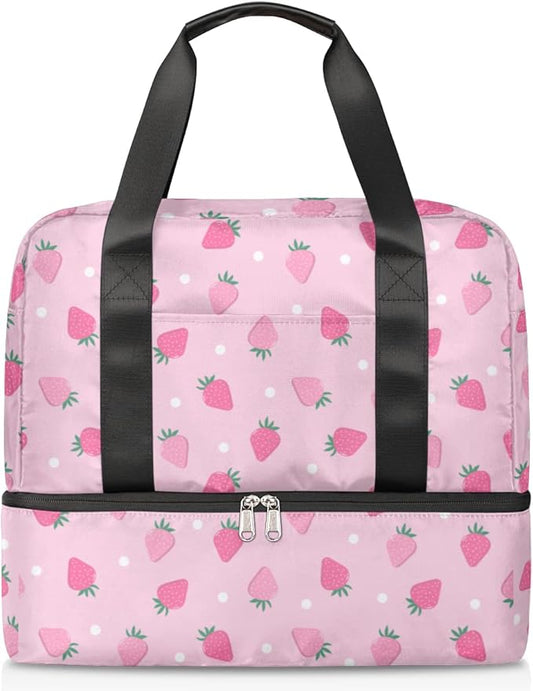 Sports Gym Bag Cute Strawberry Pink Travel Duffel Bag Waterproof Lightweight Swim Bag Travel Tote Luggage Weekender Overnight Handbag Workout Bag with Shoes Compartment for Women Men
