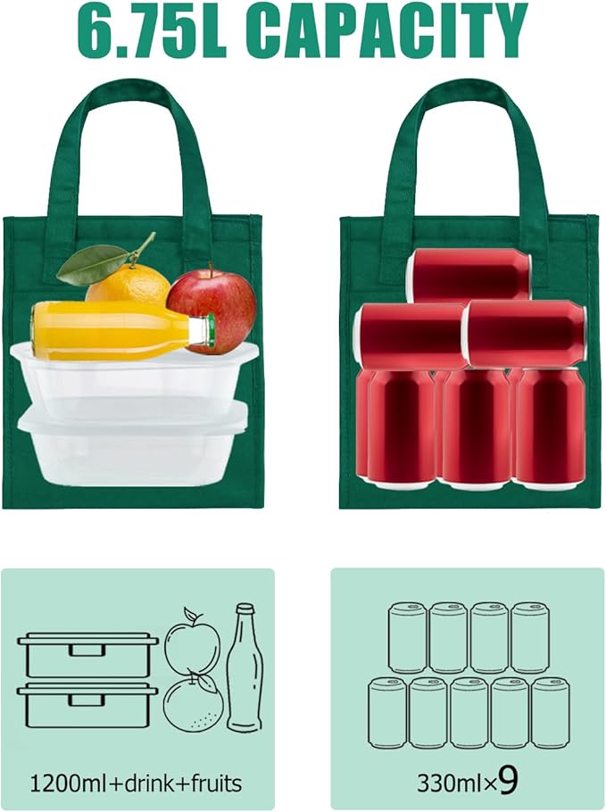 Fmeida Insulated Lunch Bag Women, 6.75L Small Lunch Bags with Multiple Pockets, Reusable Thermal Cooler Tote for Work, Office, Picnic, Travel | Hook and Loop Closure, Dark Green