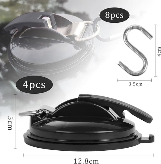 OCR 4 Pack Vacuum Suction Cup, Heavy Duty Sucker Cup Anchor with 8 Securing S Hook, Car Tensioner for Camping Car Mount Tents Luggage Tarps Car Side Awning (Black)