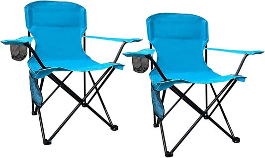 2PCS Folding Outdoor Beach Camp Chair with Cup Holder, Storage Pocket, Waterproof Bag Outdoor Arm Chair, Supports 225LBS, Blue
