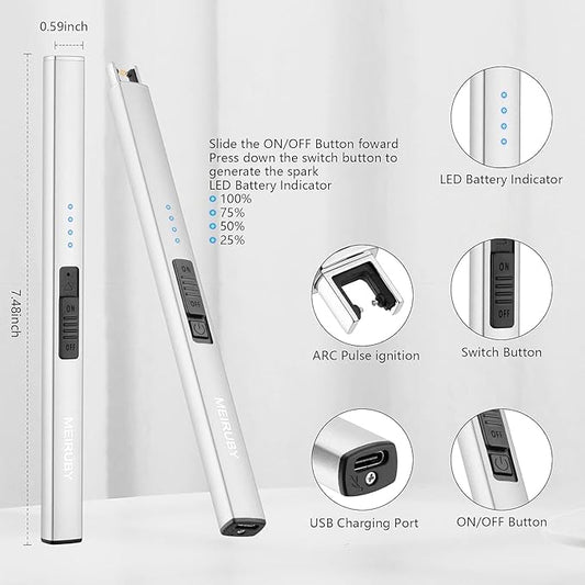 MEIRUBY 2 Pack Lighter Electric Candle Lighter Long Electronic Rechargeable USB Lighter Arc Windproof Flameless Lighters for Candle Camping BBQ Birthday Gifts for Women Mom Wife Men