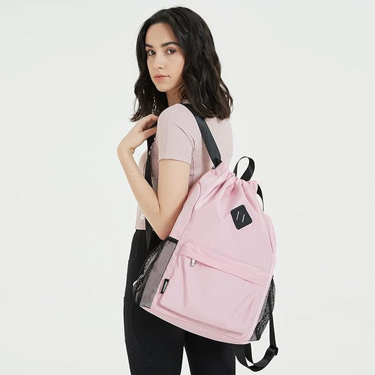 WANDF Drawstring Backpack Sports Gym Bag with Shoes Compartment, Water-Resistant String Backpack Cinch for Women Men (Large,Pink)