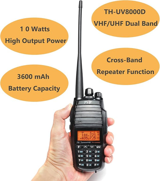 TYT UV8000D Dual Band Ham Radio Handheld 10W Long Range Radio Cross-Band Repeater Radio, 3600mAh Battery Rechargeable Two Way Radio with Charging Cradle, VOX for Camping Hiking Outdoor Support Chirp
