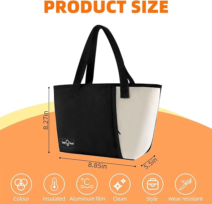 Lunch Bag for Women Men, Reusable Lunch Tote Lunch Box, Large Capacity Leakproof Lunch Tote Bags with Front Pocket for Work Office Picnic or Travel (Black)
