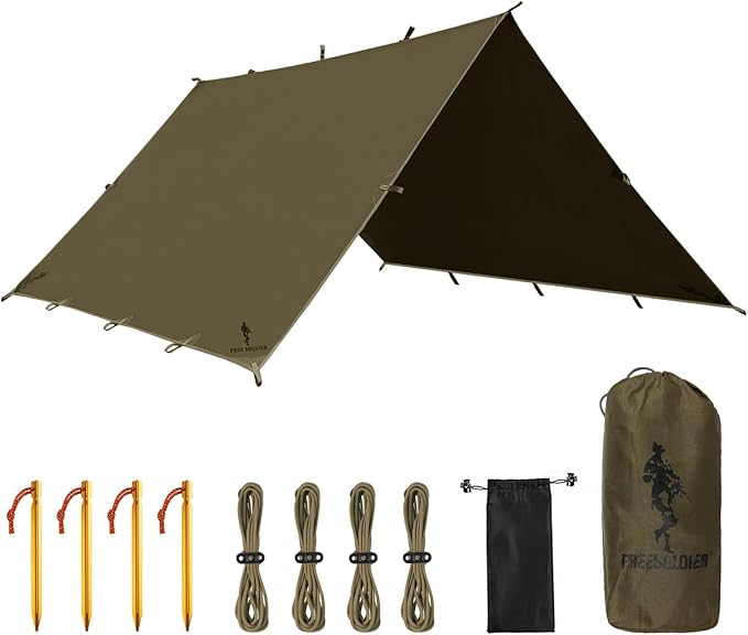 FREE SOLDIER Olive-Green 10x10.5ft Waterproof UV Protection Camping Tarp Shelter with Tent, Stakes, Ropes
