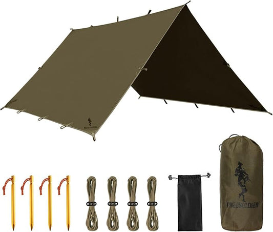 FREE SOLDIER Olive-Green 10x10.5ft Waterproof UV Protection Camping Tarp Shelter with Tent, Stakes, Ropes