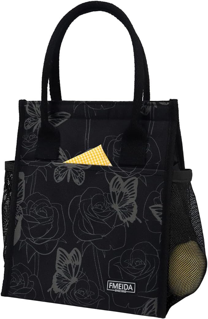 Fmeida Insulated Lunch Cooler, Women's Butterfly Lunch Bag - Small, Reusable Adult Cooler for Work, College, Picnic, Beach | Front & Side & Interior Pockets
