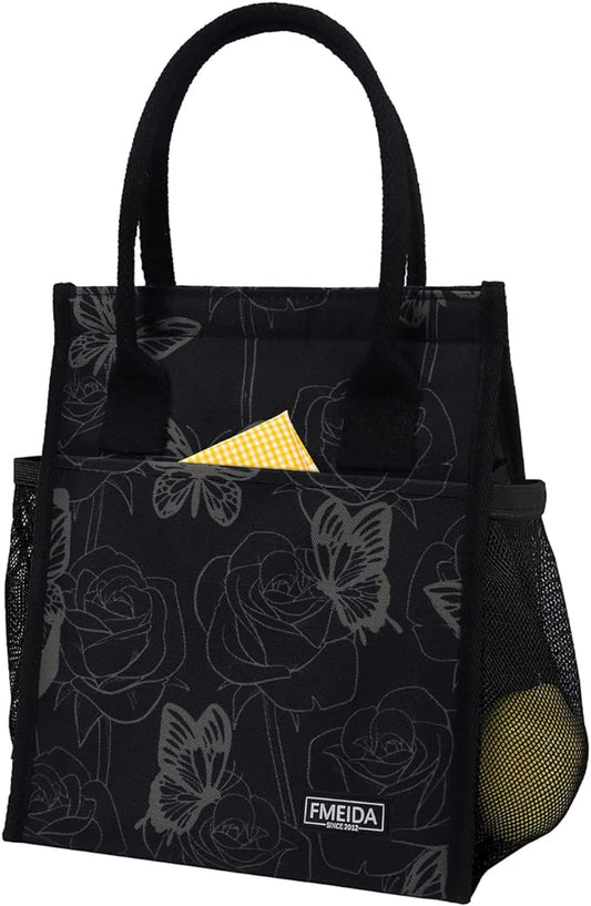 Fmeida Insulated Lunch Cooler, Women's Butterfly Lunch Bag - Small, Reusable Adult Cooler for Work, College, Picnic, Beach | Front & Side & Interior Pockets