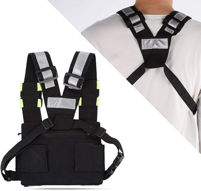 Radio Chest Harness Rig Holster Pack with Front Pouches Zipper Bag and Green Reflective Strips for Walkie Talkies Two Way Radio