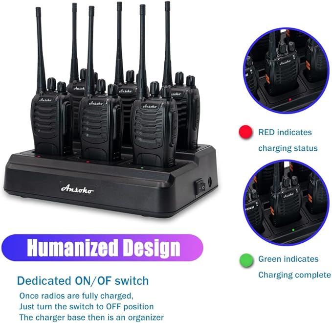 Walkie Talkies for Adults Long Range Rechargeable 2-Way Radio Walkie Talkie with 6-Bank Gang Charger and Spare Batteries (6 Pack)