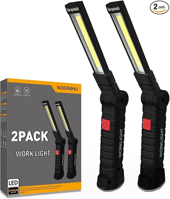 Working Light Portable, Rechargeable Work Lights with Magnetic Base Hanging Hook,360° Rotate 5 Modes,COB LED 700 Lumens Foldable Inspection Light for Car Repair, Grill and Outdoor Use(2pack)