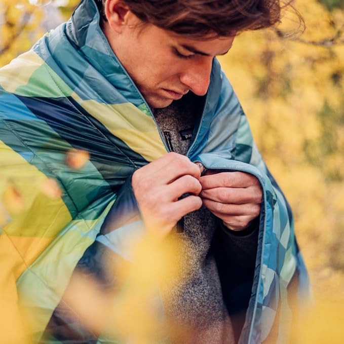 Rumpl Original Puffy Blanket - Warm Puffy Camping Blanket, 100% Recycled Polyester Insulation, Lightweight, Packable, Water-Resistant, Outdoor Puffer Blanket, 52"x75", Dawn Pixel Fade