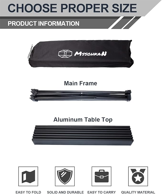 Camping Table Folding Portable Camp Side Table Aluminum Lightweight Carry Bag Beach Outdoor Hiking Picnics BBQ Cooking Dining Kitchen Black Large