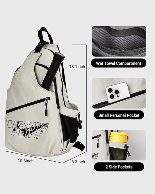 Warping Point Pickleball Bag, Adjustable Large Capacity Pickleball Crossbody Backpack for Women Men, Sling Padel Bag Hold 2 to 4 Paddles with Multiple Compartments, Wet & Safety Pocket Fence Hook
