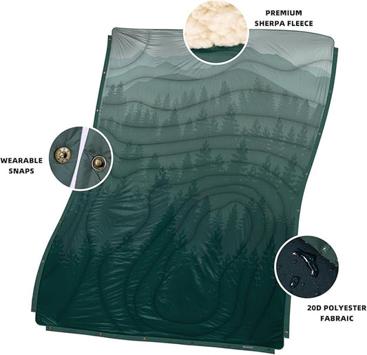 Outdoor Camping Blanket with Sherpa Lining, Extra Warm Thick Camp Blankets & Puffy Ultralight Soft Poncho DWR Camping Quilt for Cold Weather, Adventure,Sleeping,Backpacking 78"x 56"