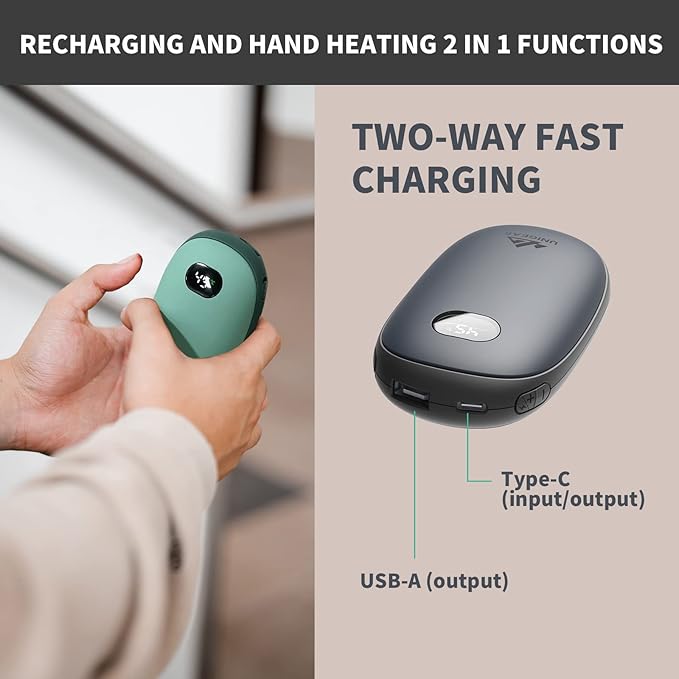 Unigear Electric Hand Warmers Rechargeable, 10000mAh Portable USB Hand Warmer & Power Bank with 21 Heating Levels and Quick Charge, 1 Second Fast Heat up, Great for Raynauds, Outdoor Sports, Camping