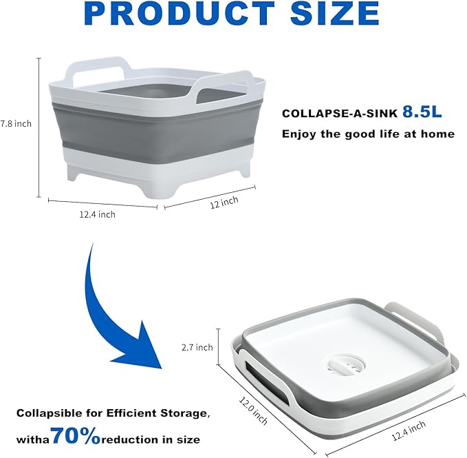 Collapsible Dish Basin Foldable Kitchen Sink With Drain Plug Plastic Laundry Tub 9L/2.4Gal RV & Camping Wash Basin Space-Saving Bottle Washing Sink(Gray)