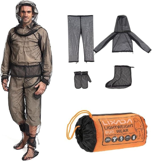 LIXADA Mesh Suit Set with Jacket Hood, Mitts, Socks & Storage Sack - Ultra-fine Net Mesh Clothing for Fishing Hiking Camping