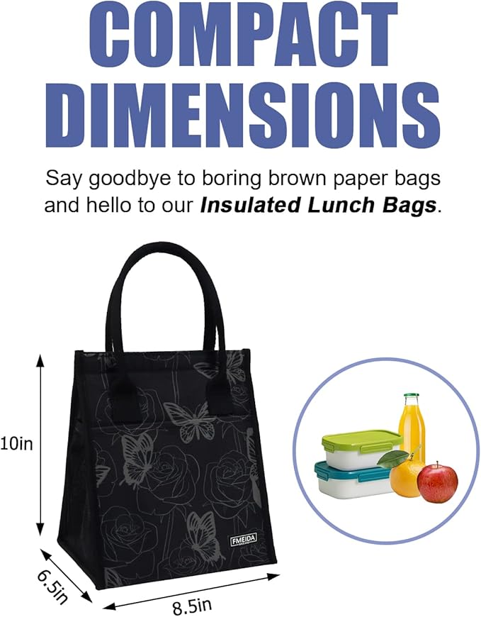Fmeida Insulated Lunch Cooler, Women's Butterfly Lunch Bag - Small, Reusable Adult Cooler for Work, College, Picnic, Beach | Front & Side & Interior Pockets