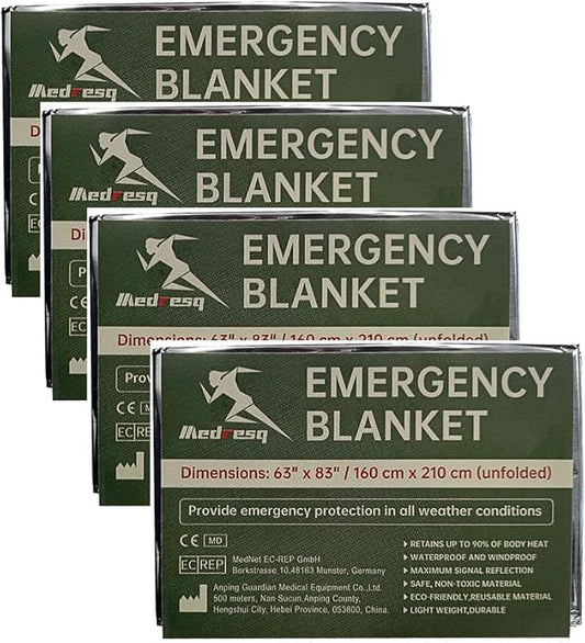 Emergency Blanket ，Portable Emergency Blanket Survival Gear Emergency Bivvy Thermal Sleeping Bag Camping ，Be Suitable for Outdoors, Hiking, Survival (Silver, 4 Pack)