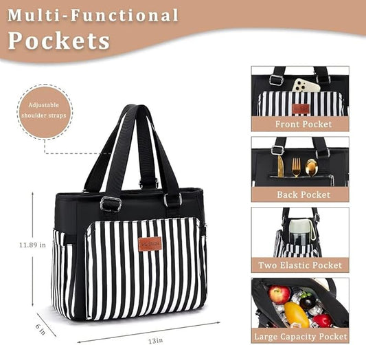 Large Women Lunch Bags for Work/Insulated Adult Lunch Box for Women/Leakproof Cooler Lunch Tote Bag with Storage Pocket. Reusable Lunch Cooler Purse for Work Picnic Hiking 14L, Black Stripes
