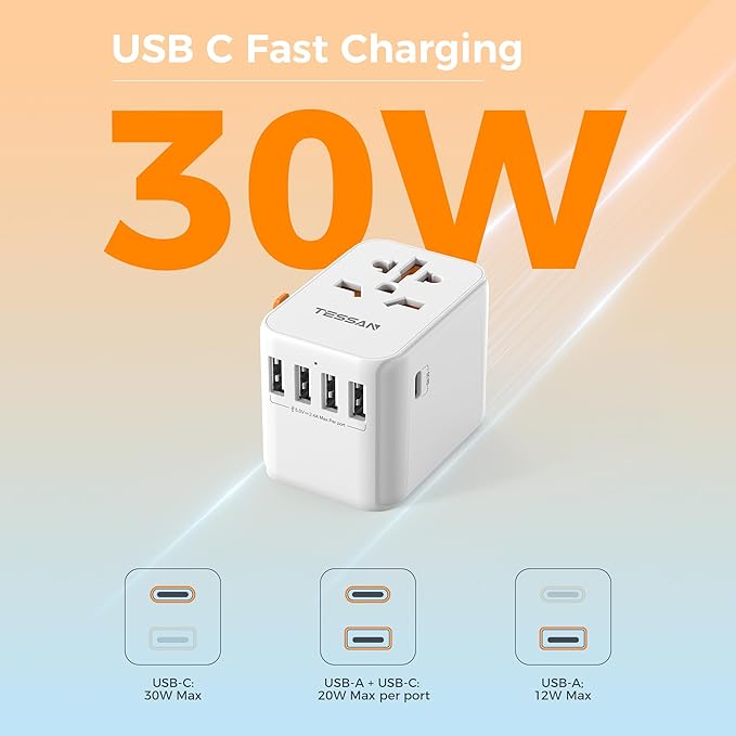 Universal Travel Plug Adapter 30W, TESSAN International Power Adaptor with 1 USB C and 4 USB A Ports, Travel Worldwide Outlet for US to European EU UK AUS (Type C/G/A/I)