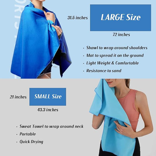 Microfiber Camping Towel, Outdoor Towels for Travel, Hiking, Backpacking, Gym, Beach. Lightweight Water Absorbing Quick Drying Portable Towels (Blue, 31.50 x 72.00 + 21.00 x 43.30)