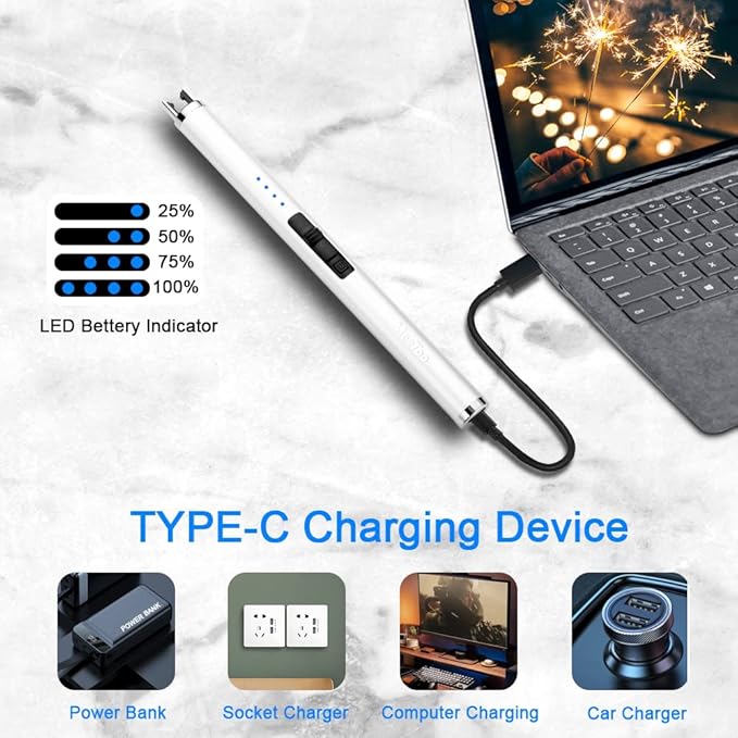 MeeToo Candle Lighter Electric Lighter Rechargeable USB Type-C Lighters for Candle BBQ Camping Fireworks (White)