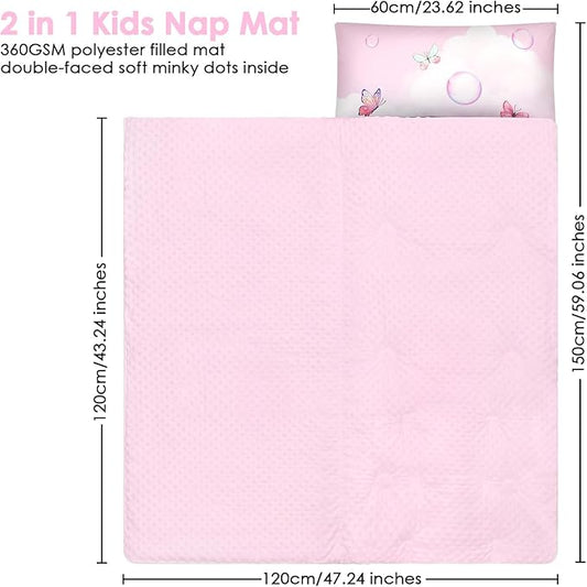 Kids Sleeping Bag Toddler Nap Mat with Removable Pillow, Large Foldable Sleeping Bag for Girls Boys, Easy Clean Slumber Bag with Double Zip for Camping School Preschool Daycare, 59×24 inch