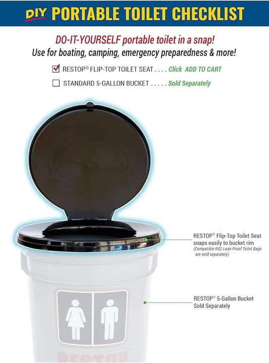 Flip-Top Portable Snap-on Toilet Seat (Commode NOT included) - Use with RESTOP Commode or Standard 5-Gallon Bucket