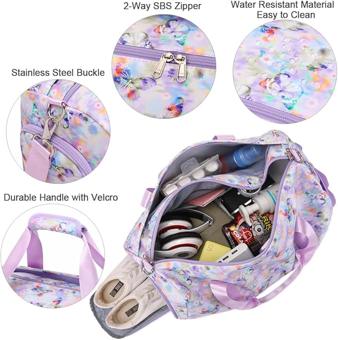 Dance Bag for Girls Butterfly Sports Duffle Bag for Girls Overnight Travel Duffel for Teen Girls Ballet Bag with Shoes Compartment Water Resistant