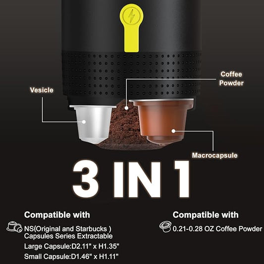 Portable Espresso Maker,3-in-1Portable Coffee Maker,20 Bar Mini Espresso Machine,Self-Heating Travel Espresso Maker Compatible with NS, DG Pods & Ground Coffee, for Camping Hiking,Office,RV