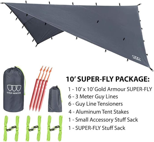 Gold Armour Rainfly Tarp Hammock, Premium 14.7ft/12ft/10ft/8ft Rain Fly Cover, Waterproof Ultralight Camping Shelter Canopy, Survival Equipment Gear Camping Tent Accessories (Gray 10ft x 10ft)