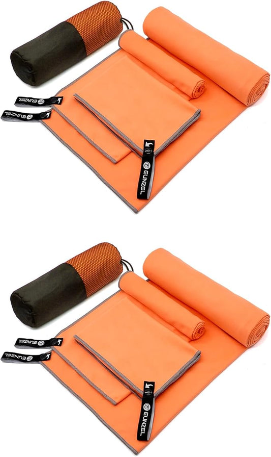 Eunzel 2 Pack Quick Dry Camping Towel, Microfiber Travel Towel 3 Size at 1 Pack,Fast Drying Towel Set for Camping, Beach, Gym, Sports, Yoga & Swimming Pool, Orange