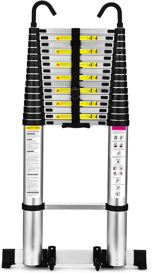 Telescoping Ladder, SocTone 20.3 FT Aluminum Lightweight Extension Ladder with Wheels and Stabilizer Bar, Heavy Duty 330lbs Max Capacity, Multi-Purpose Collapsible Ladder for RV or Outdoor Work