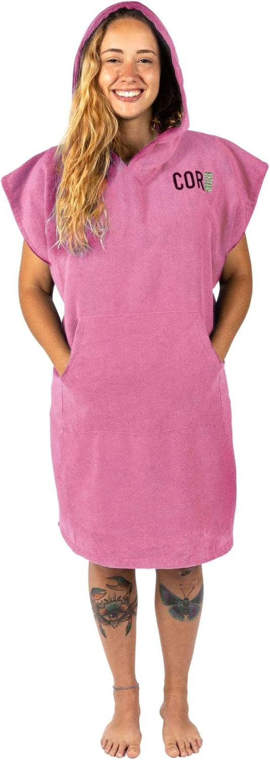 COR Surf Poncho Changing Towel Robe with Hood and Front Pocket | Thick Quick Dry Microfiber Wetsuit Poncho Towel for Surfing Beach Pool Swim (Medium - Pink)