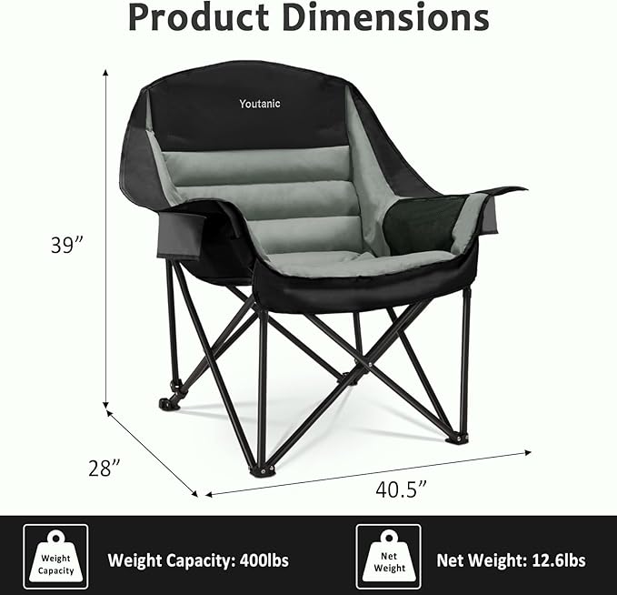 Oversized Camping Chair, Portable Folding Camping Chairs with Side Pocket, Cup Holder and Carry Bag, Heavy Duty Outdoor Camping Chairs for Adults, Fishing, Sports, Trip, up to 400lbs, Style 4