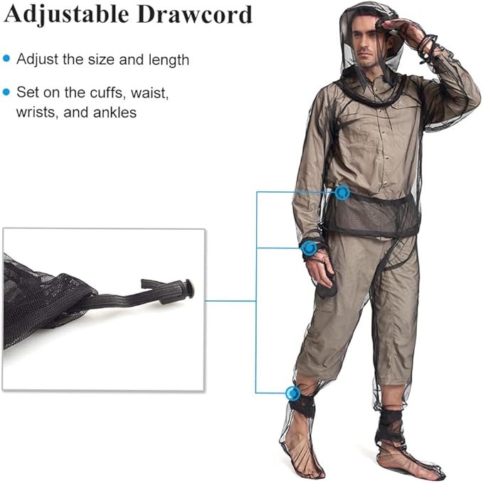 LIXADA Mesh Suit Set with Jacket Hood, Mitts, Socks & Storage Sack - Ultra-fine Net Mesh Clothing for Fishing Hiking Camping